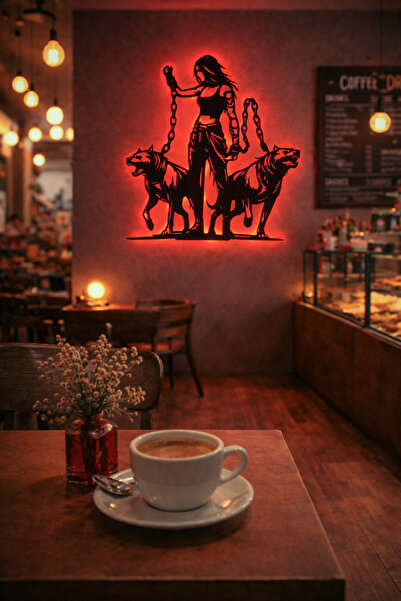 Lucenda Led Işıklı Güçlü Zincirli Kadın ve Kurt Köpek Figürlü Tablo Dekoratif...