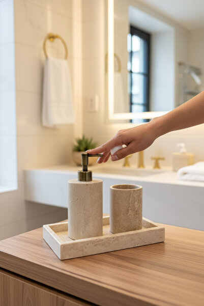 İSAOĞLU YAPI Bathroom Soap Dish Toothbrush Holder Set Travertine Natural Heav...