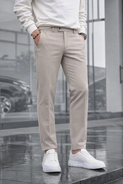 COMBİNE MİCHAİL Men's Straight Fit Cotton Cream Trousers