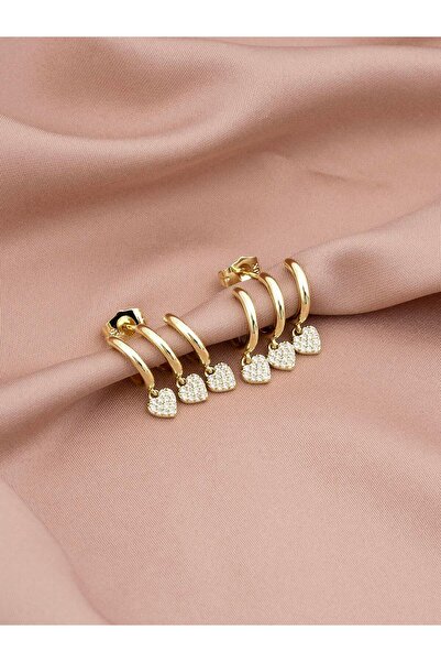 Zuum XUPING ÖZEL SERİ 14K ÜÇLÜ GÖRÜNÜM KALP DETAY ZİRKON ÇELİK TAŞLI KÜPE