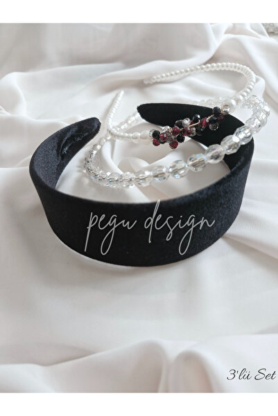 pegu baby collection طقم من 3 قطع تاج مخملي أسود ومرصع باللؤلؤ، للعروس، للمنا...