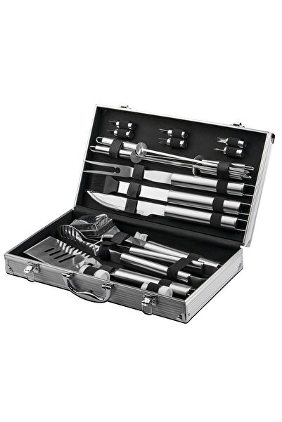 OEM Set ustensile grătar 18 piese cu husă aluminiu, inox + silicon, mânere lu...