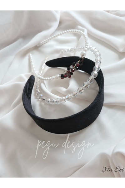pegu baby collection SET DE 3 CORONĂ LARGĂ DE CATIFEA NEGRĂ CU PERLE, PENTRU ...