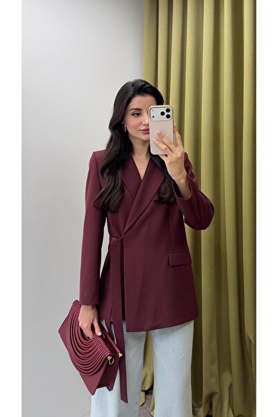 HAZELANNA Tied Double-Breasted Claret Red Jacket