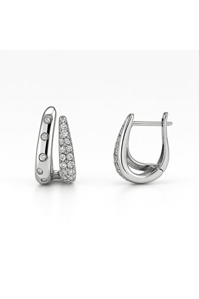 Tesbihane Women's Xuping Steel Earrings - V Design - White Zircon Stone - Sil...