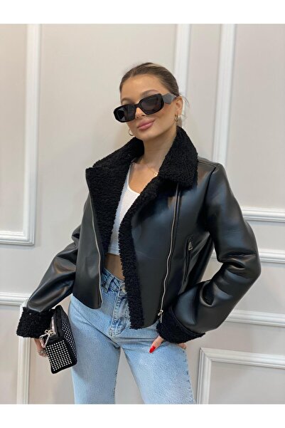 Büşra Butik Siyah fermuarlı Deri Mont