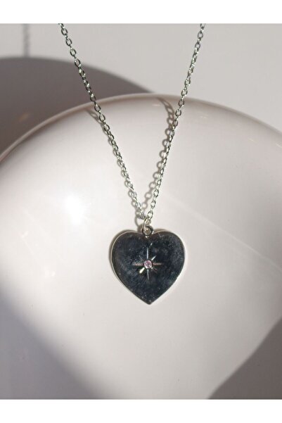 Reorah Collection Pink Zircon Stone Star Heart Necklace - Silver Color