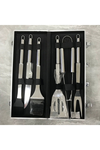 OEM Set ustensile grătar 6 piese cu husă aluminiu, inox + silicon, mânere lun...