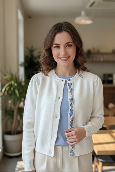 My Blog Cream Blue Button Placement Patterned Cardigan - 231013