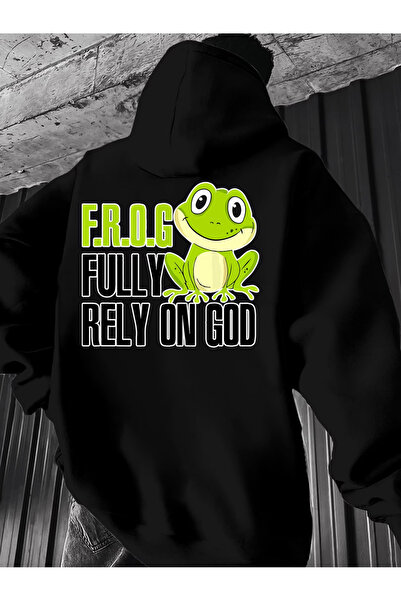 Marco Fresco Back Printed Hooded Oversized Black Sweatshirt with Kangaroo Pocket