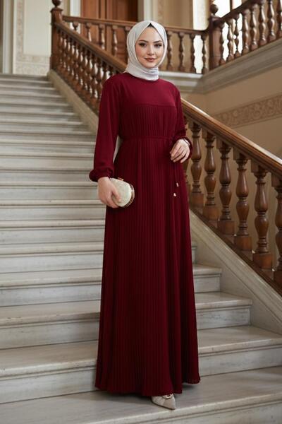 hafsamina Robalı Piliseli Ayrobin Elbise Bordo HM2872