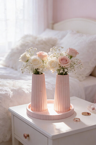 Fitruka Powder Pink Decorative Vase Set |   2-Piece Striped Vase & Tray