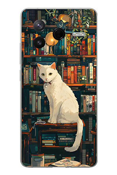 TechTree Poco F7 Pro Compatible Bookshelf White Cat Design Printed Silicone Case