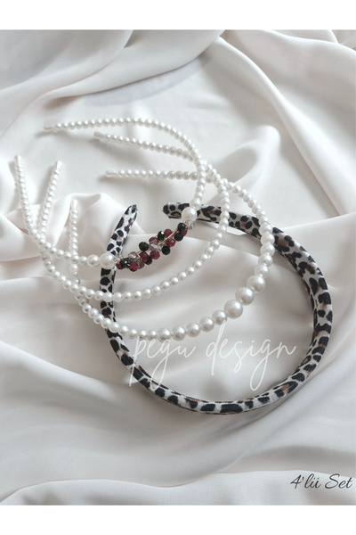 pegu baby collection طقم من 4 قطع تاج مخملي بنقشة الفهد وتاج من اللؤلؤ المتسل...