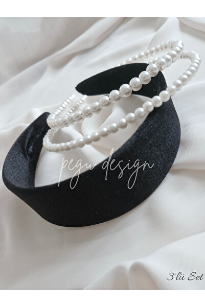 pegu baby collection Set of 3 Wide Velvet Black and Pearl Crown, Bride, Invit...