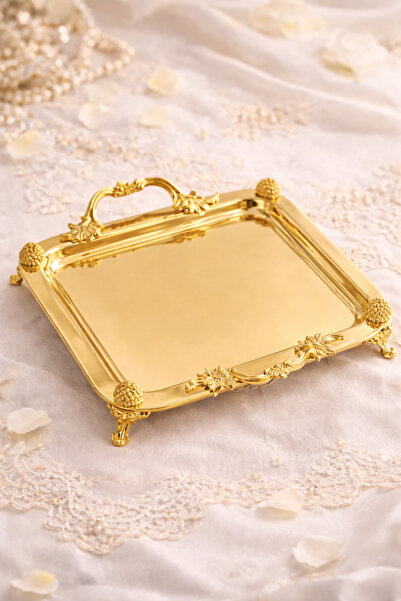 FABRIONA Sultan Gold Tepsi Paslanmaz Çelik Gold & Gümüş Söz Nişan Nikah Çay Kahve Sunum Tepsisi 22x22 cm