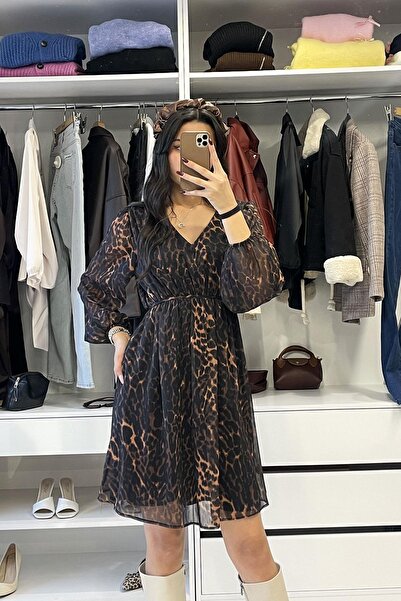 STEPS V Yaka Bağcıklı Şifon Elbise - Leopar LEOPAR