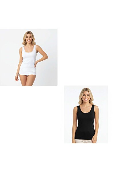 BONBON Women's cotton lace trim tank top 2-pack with thick straps bb2162