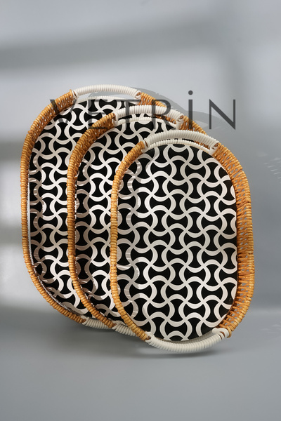 VETRİN 3'lü Oval Siyah Beyaz Desenli Hasır Tepsi Takımı