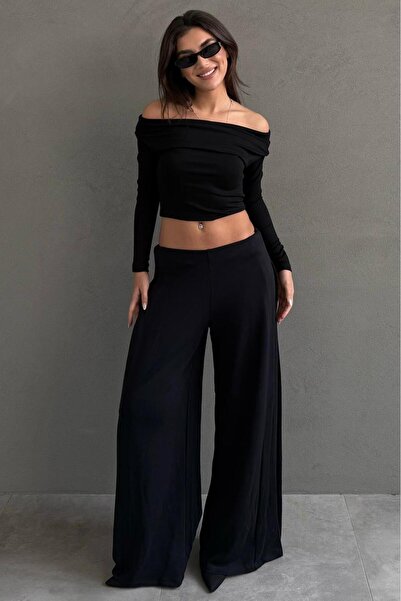 Madmext Black Draped Pocket Crepe Fabric Wide Leg Trousers Mg2668