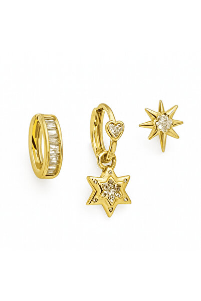 Tesbihane Women's Xuping Steel Earrings - 3-Piece Model - Star Detail - White...