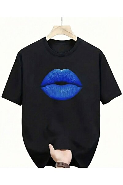 LELVANİ Unisex Graphic T-Shirt - Dark Blue and White Lip Printed T-Shirt -