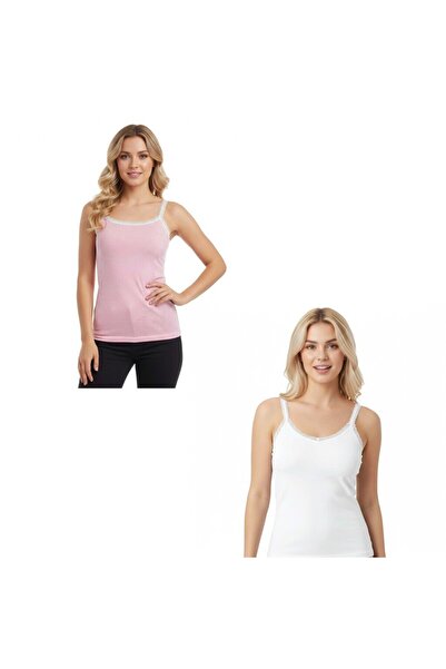 BONBON Women's Cotton Ornamental Lace Strap 2'Li Pack Undershirt Bb2163