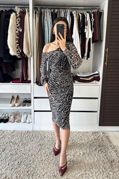 STEPS Omuz Ve Bel Büzgü Kayık Yaka Tül Elbise - Siyah SİYAH