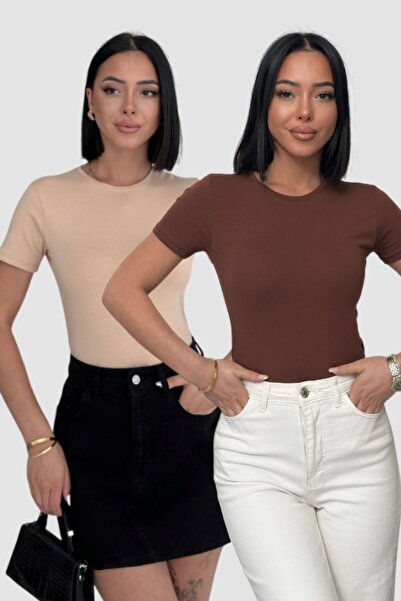 Lunamiratto Crew Neck Short Sleeve Cotton Body Beige Bitter Brown Crew Neck B...