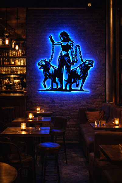 Lucenda Led Işıklı Güçlü Zincirli Kadın ve Kurt Köpek Figürlü Tablo Dekoratif...