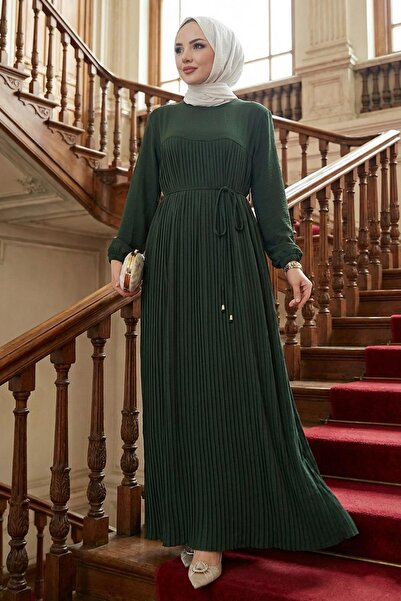hafsamina Robalı Pleated Ayrobin Dress Khaki Hm2872