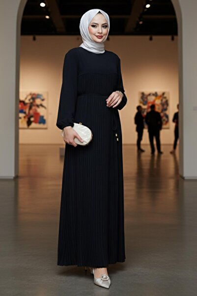 hafsamina Robalı Pleated Ayrobin Dress Black Hm2872