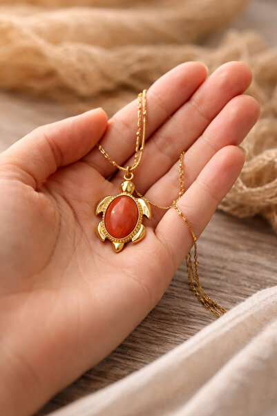 POYASE Kaplumbağa Figürlü Paslanmaz Çelik Kolye – Turuncu ve Kahverengi Taş D...