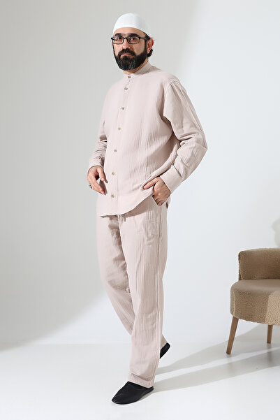 ihvan online Men's Muslin Hakim Collar Shirt and Pants Two-Piece Set, Modern ...