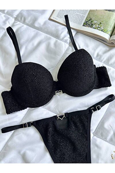 Rossena Kadın Siyah Kalpli Simli Destekli Sütyen Tanga İç Çamaşır Takımı