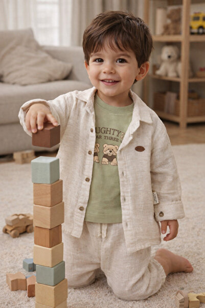 Babyhola Ayıcık Desenli Müslin Kumaş Bayramlık Erkek Bebek Üçlü Takım Set 2203