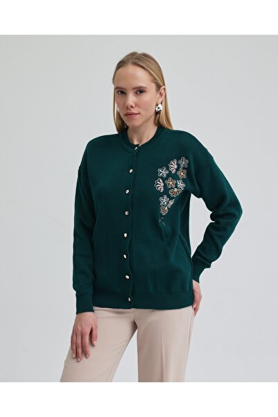 Tubik Women's Crew Neck Floral Embroidery Detailed Knitwear Cardigan