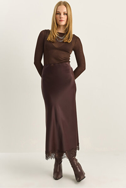 Bianco Lucci Fusta maxi din satin cu detaliu din dantelă pentru femei 60283907