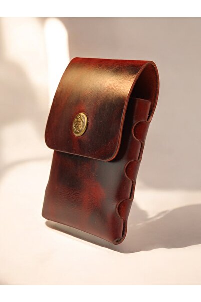 DEHNA Crazy Deri Stitch-Free Mini Card Holder – Handmade, Red with Patina Effect