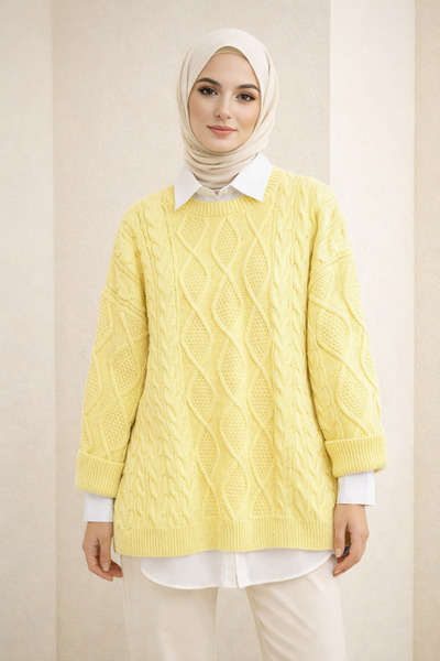 Kirazgym Honeycomb Textured Casual Knit Sweater – Light Yellow