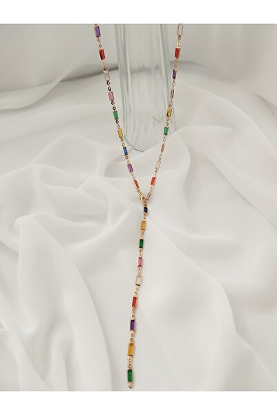 Rasa Gökkuşağı Baget Kesim Kristal Taşlı Altın Kaplama Y Kolye