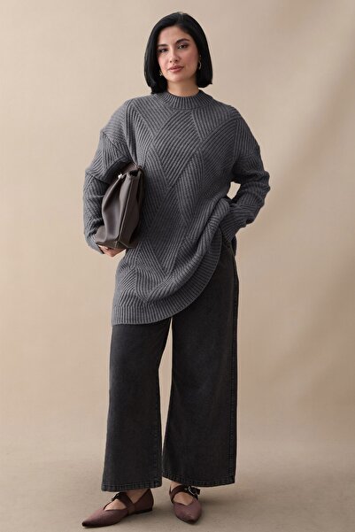 InStyle Embossed Striped Pattern Anthracite Knitwear Tunic