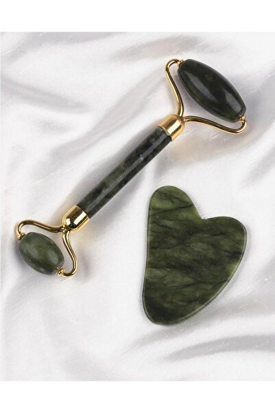 Taşmir Gerçek Doğal Yeşim Doğal Taş 2'li Set Face Roller + Gua Sha Masaj Taşı