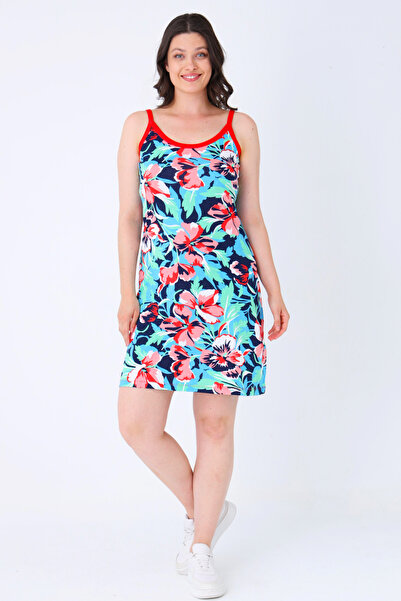 İntensive Navy Blue Mixed Patterned 100% Cotton Summer Strap Dress