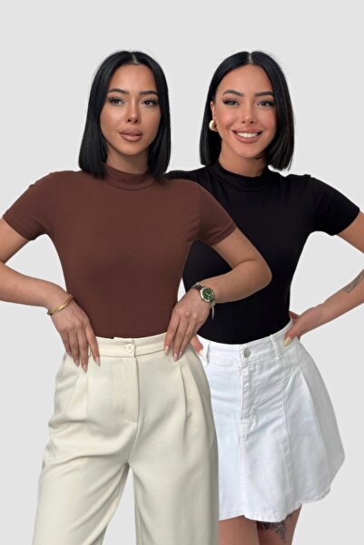 Lunamiratto Fisherman Short Sleeve Cotton Bodysuit Black Bitter Brown Half Fi...