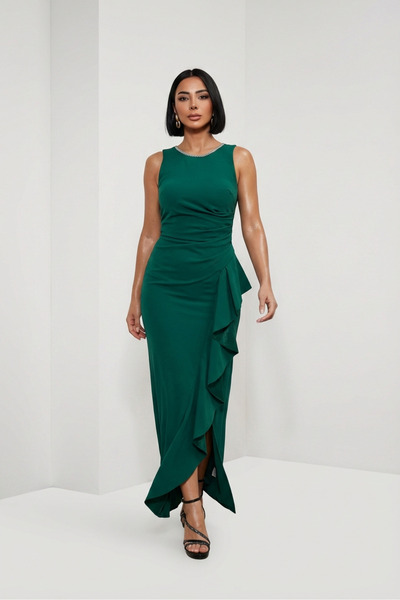 ALFUDO Moda Collection فستان سهرة طويل للنساء مع كشكشة جانبية لحفلات التخرج