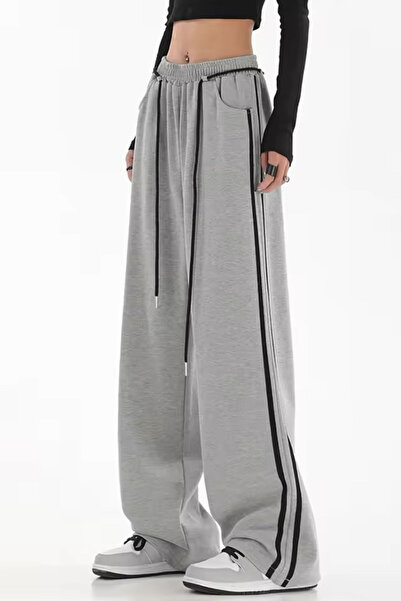 İlayda Toprak Enjoy Bol Kalıp Beli Lastikli İp Kemer Detaylı Gri Eşofman Altı