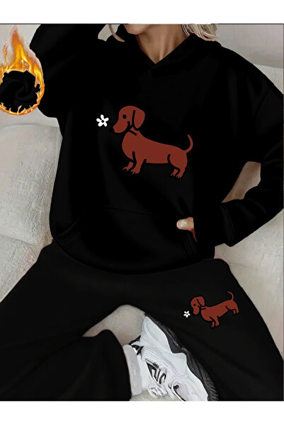 ELAN WEAR Dog Printed Hooded Tracksuit Set - Hooded Sweatshirt Bottom Top Set