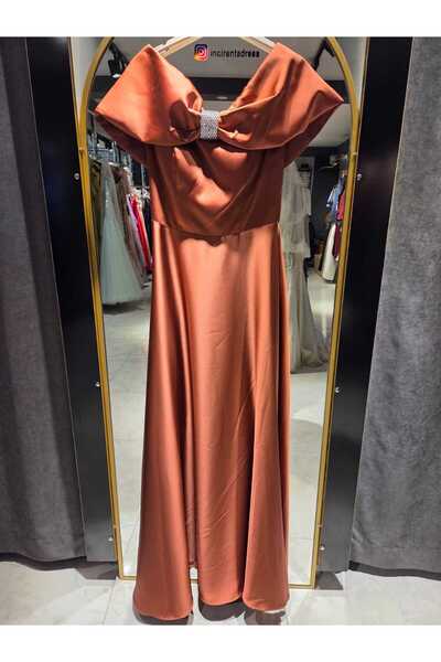 İnci Abiye Bakır Rengi Kayık Yaka Abiye