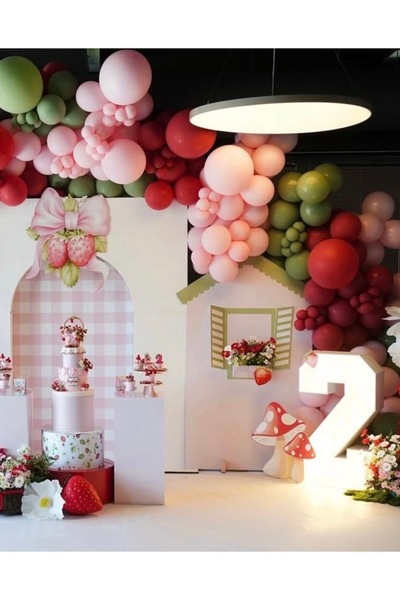Çemrek Süs Parti Koyu Kırmızı Yeşil Pembe Balon Zinciri Seti 100 lü Çilek Kon...